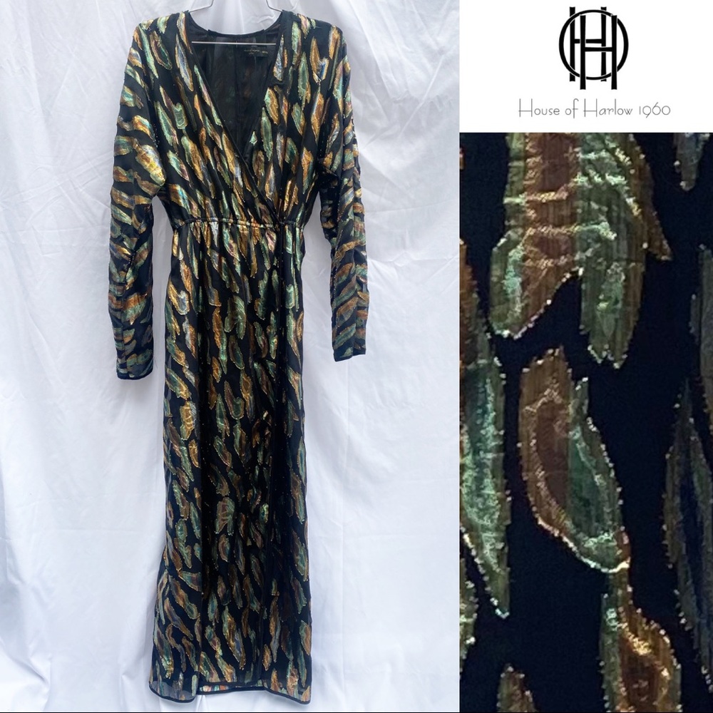 House of Harlow 1960 Black Maxi Dress with Gold and Green Metallic Leaf Motif